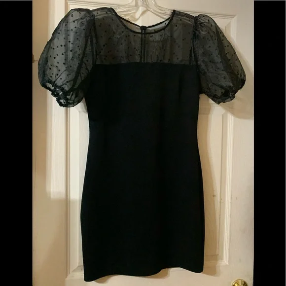 B.DARLIN Puff Sleeve Mesh Flocked Dot Sheath Dress - Picture 5 of 11